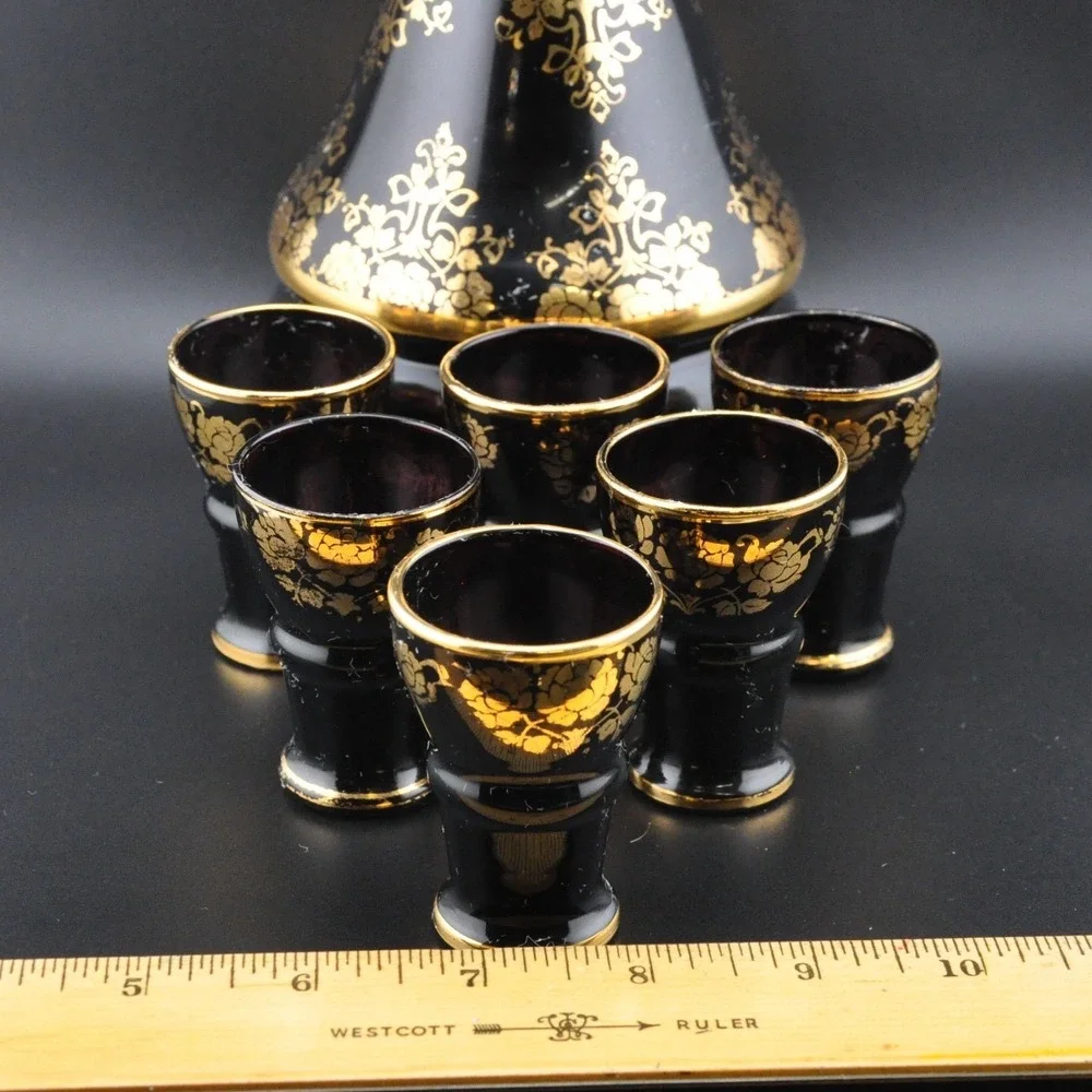 Vintage Italian Amethyst Glass Decanter Set‎ 7pc Black Gold Floral Excellent